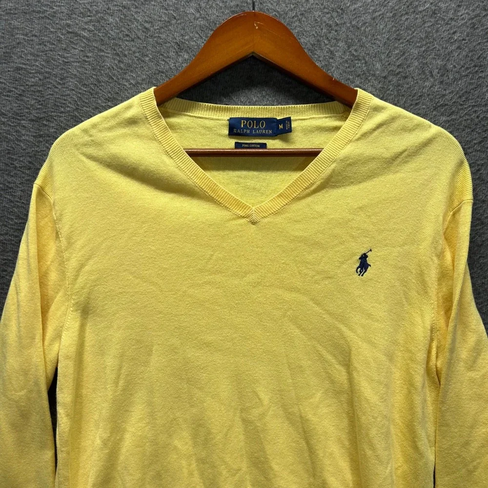 Polo Ralph Lauren Mens Yellow Pima Cotton V-Neck Sweater Size M Embroidered Pony